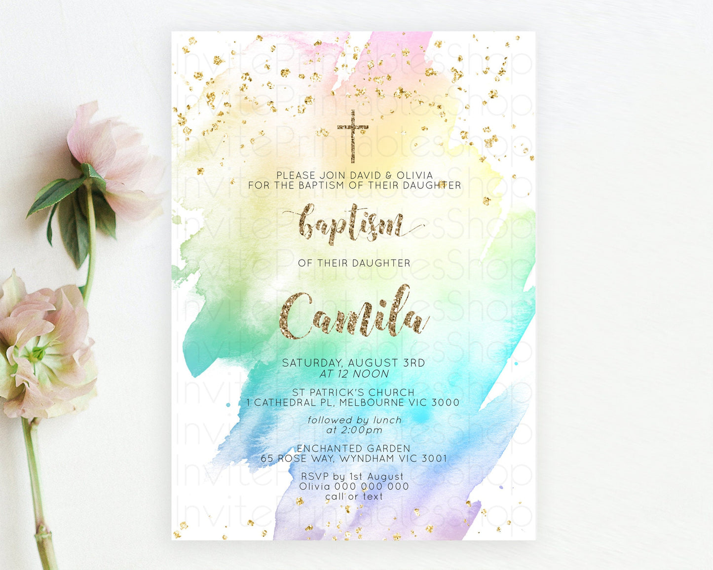 Pastel Baptism Invitation Pastel Colors Watercolor Baptism 1st Birthday Party Gold Ombre Pastel Rainbow Christening Holy Communion D10259