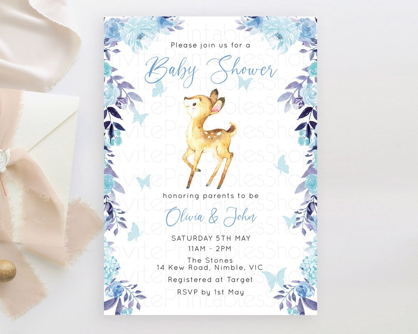 Enchanted Forest Baby Shower Invitation: Secret Garden Fawn, Deer, Butterflies, and Blue Flowers - Whimsical Woodland Theme D10917