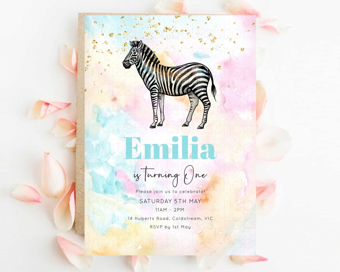Pastel Zebra Birthday Invitation Pastel Zebra Invite Rainbow Zebra Invitation Colorful Watercolor Invite Safari Zoo Glitter Invite W282