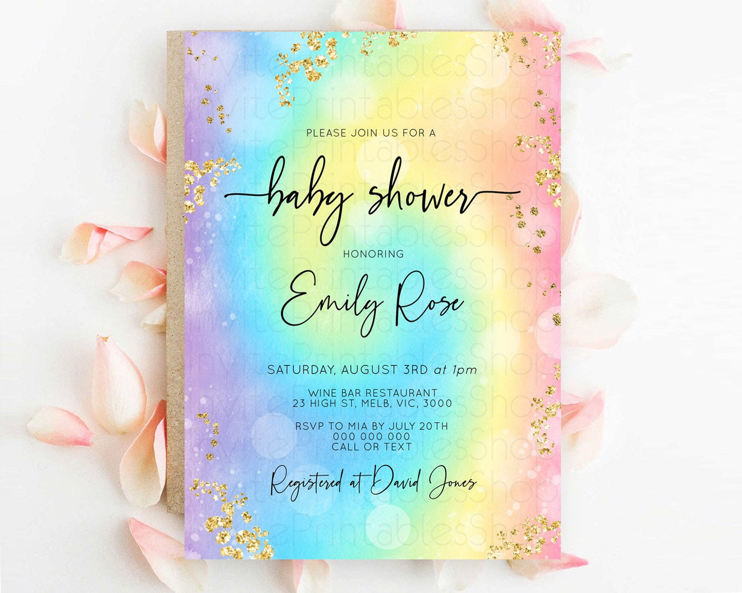 Pastel Baby Shower Invitation Rainbow Baby Shower Invitation Colorful Pastel Watercolor Invitation Gold Glitter Sprinkles Ombre D10568