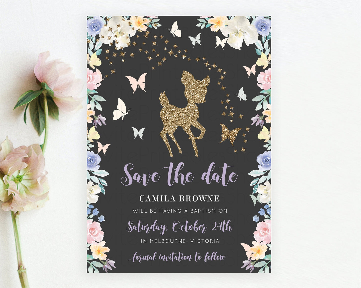 Fawn Deer Save The Date Template Pastel Floral Deer Enchanted Forest Butterfly Party 1st Birthday Baptism Baby Shower Bridal Shower D10880