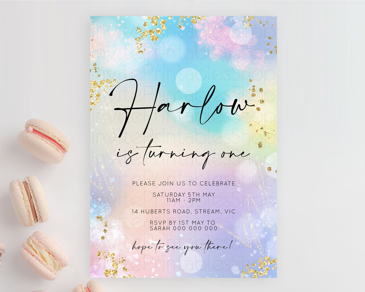 Rainbow Birthday Invitation Colorful Pastel Watercolor Invitation Gold Glitter Sprinkles Ombre Pastel 1st 2nd 3rd Birthday D10675