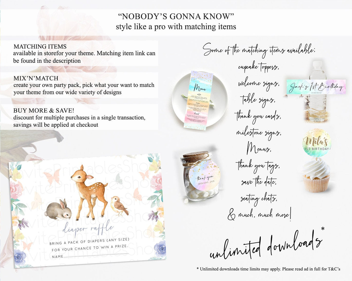 Fawn Diaper Raffle Card Deer Diaper Insert Floral Deer Diaper Ticket Enchanted Forest Butterfly Pastel Baby Shower Raffle Game D10930