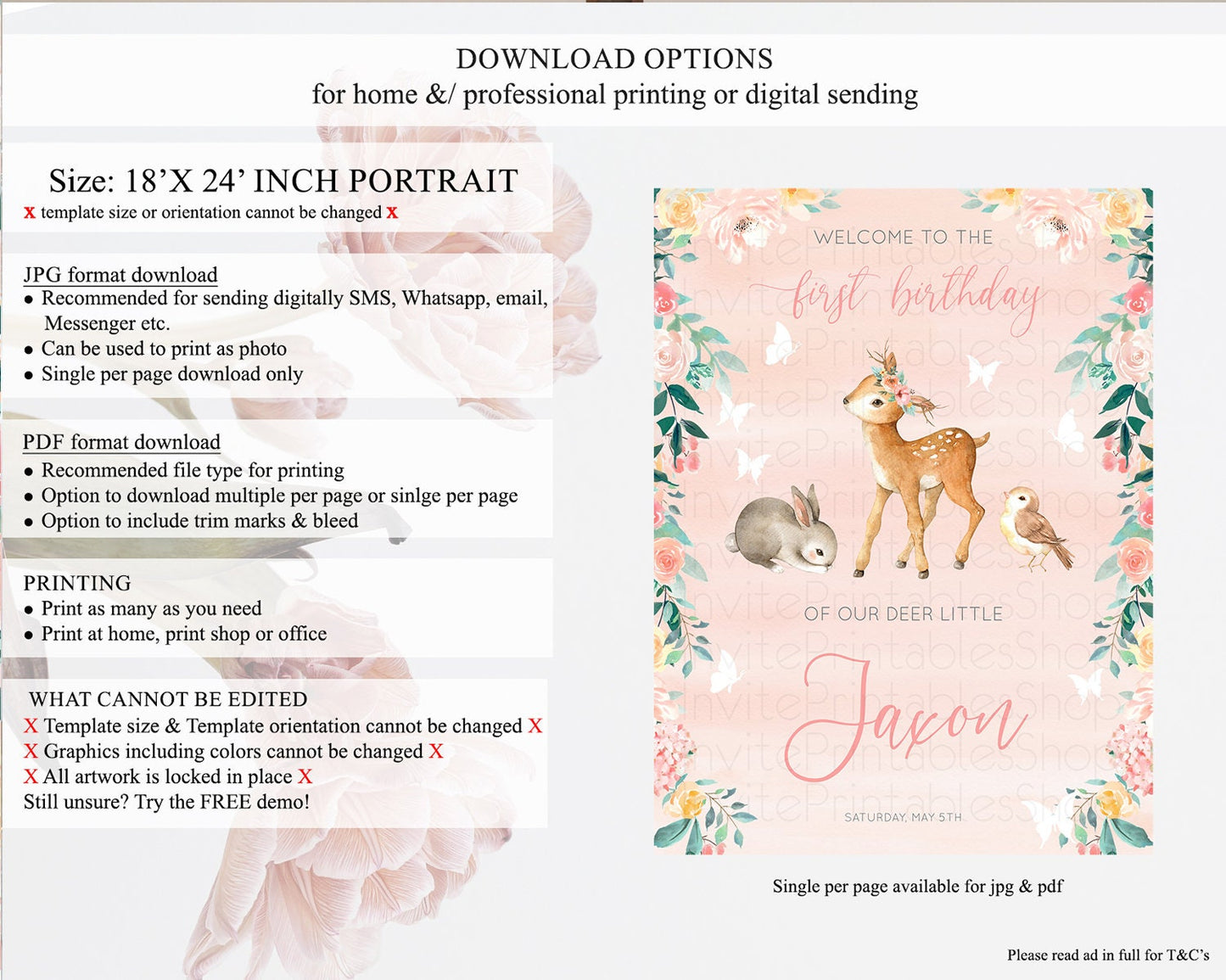 Fawn Welcome Sign Deer Welcome Board Floral Deer Welcome Poster Enchanted Forest Butterfly Pastel Floral First Birthday Welcome Sign D10921