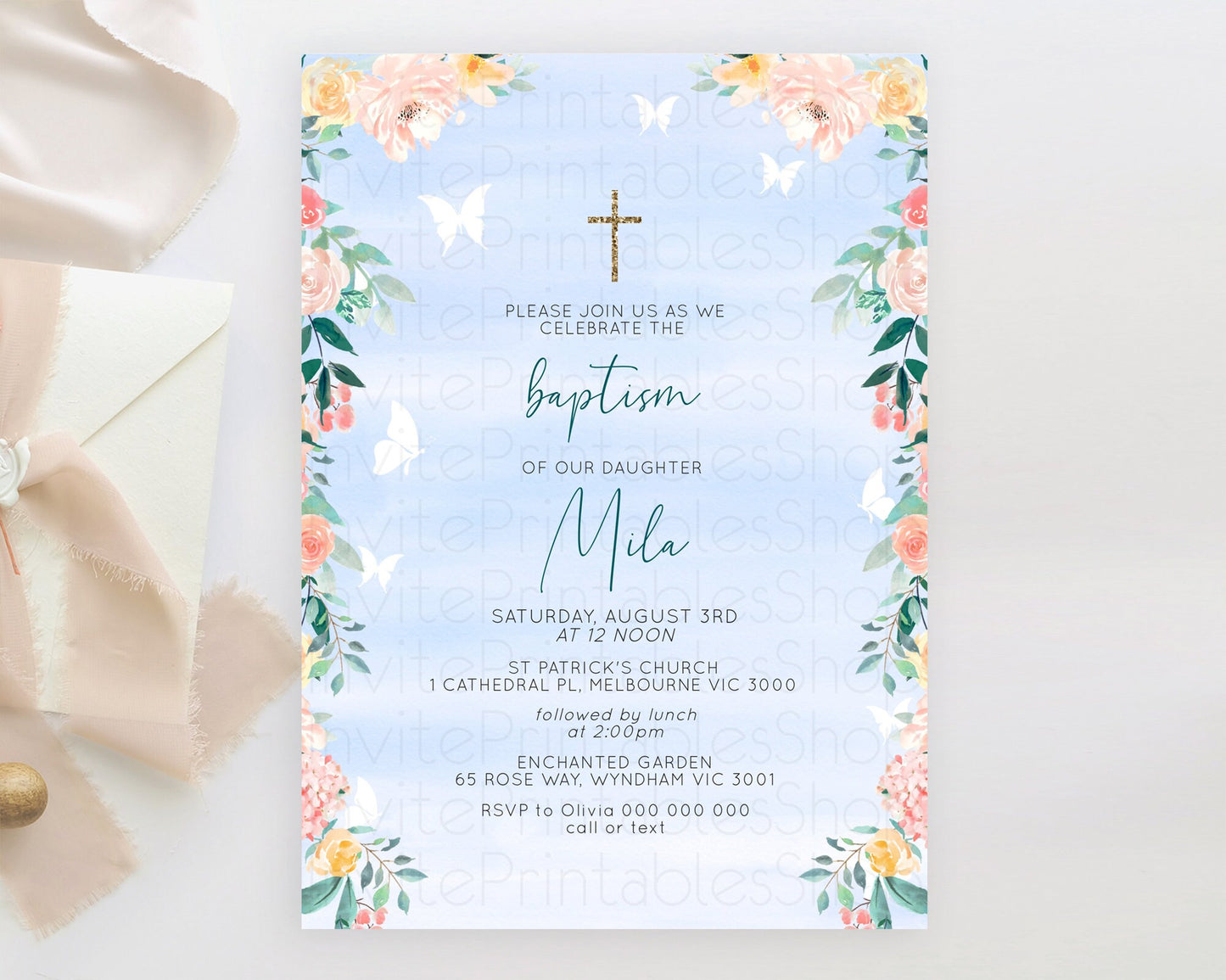 Editable Secret Garden Baptism Invitation Wildflower Baptism Birthday Invite