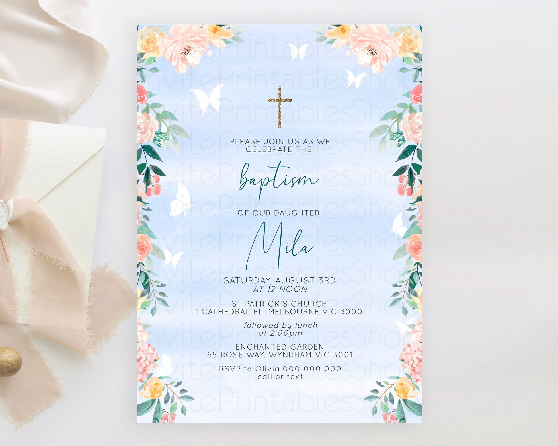 Editable Secret Garden Baptism Invitation Wildflower Baptism Birthday Invite