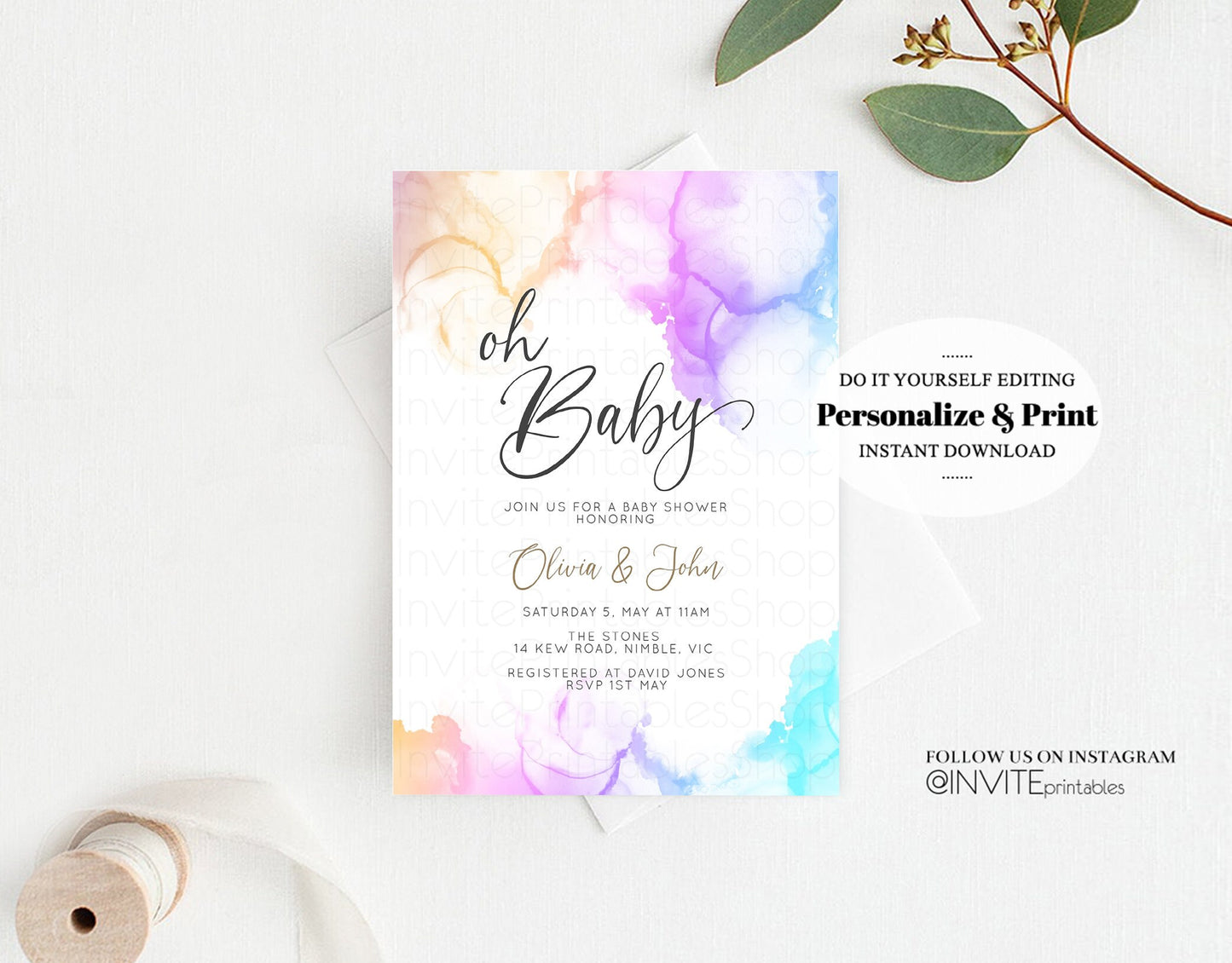 Rainbow Baby Shower Invitation Pastel Colorful Watercolor Ink Splash Gold Glitter Foil Sprinkles Confetti Gender Neutral Editable Invite