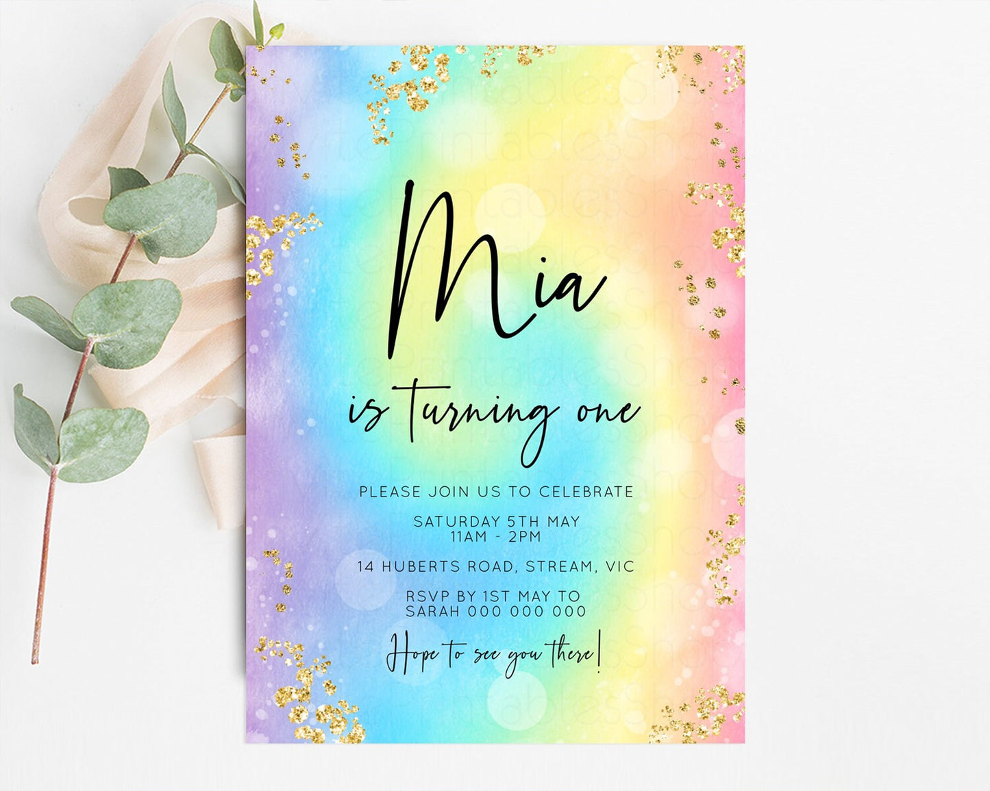 Rainbow Birthday Invitation Glitter Pastel Invitation Colorful Watercolor Gold Foil Splatter Sprinkles Ombre Glitter Invite 1st 2nd 3rd t571