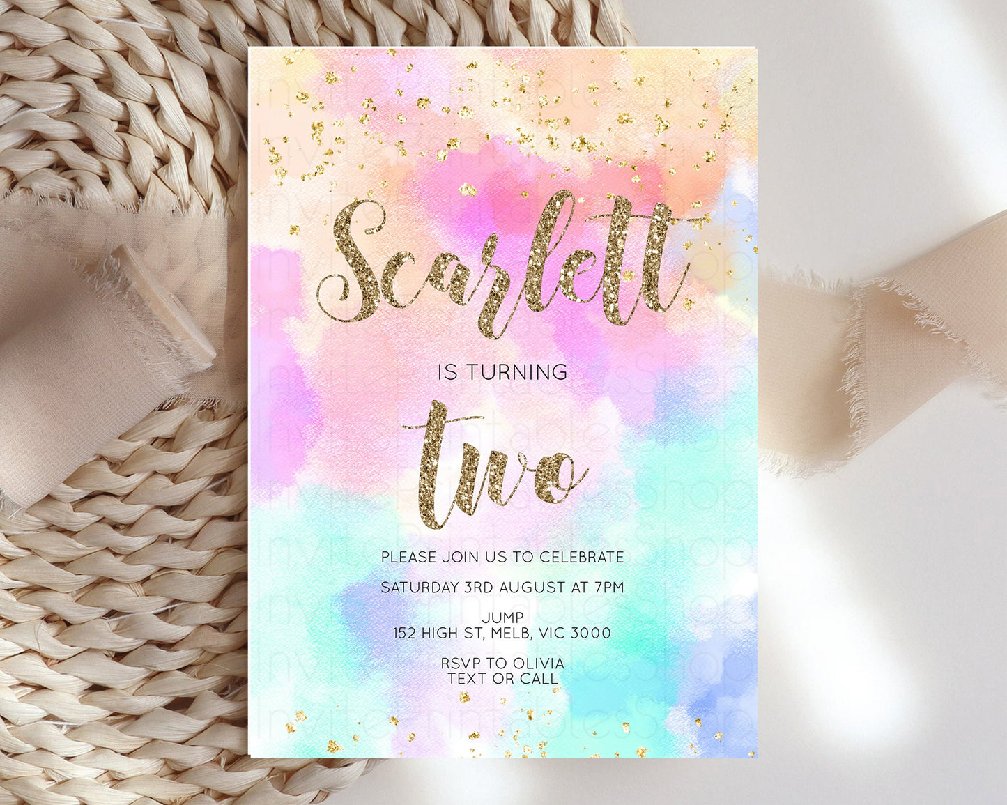 Rainbow Birthday Invitation Pastel Birthday Invite Ombre Watercolor Invite Enchanted Theme Colorful Splash Glitter Sprinkles 1st 2nd 3rd