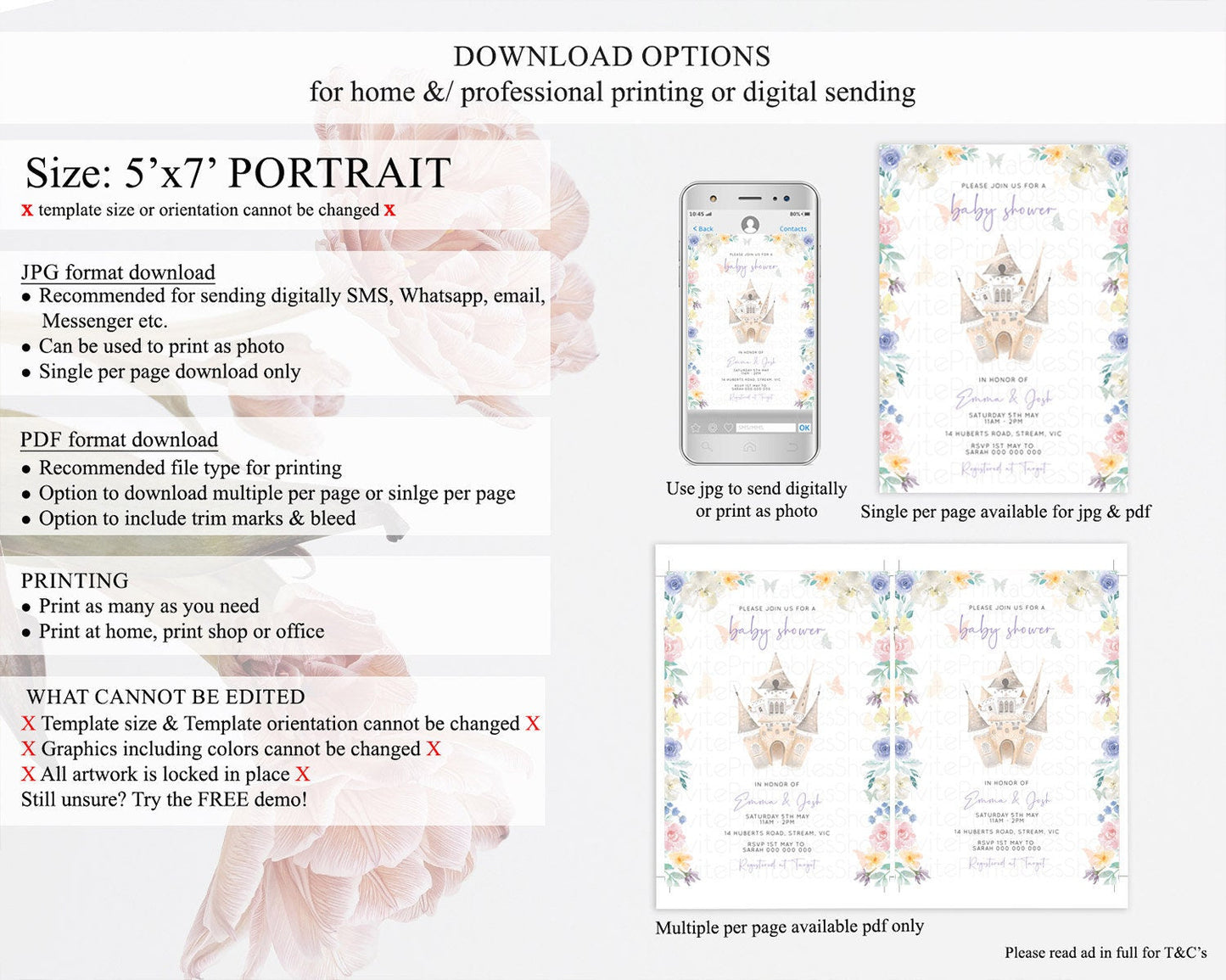 Pastel Princess Baby Shower Invitation Floral Castle Invitation Royal Baby Invite Enchanted Castle Pastel Flower Garden Baby Shower D10709