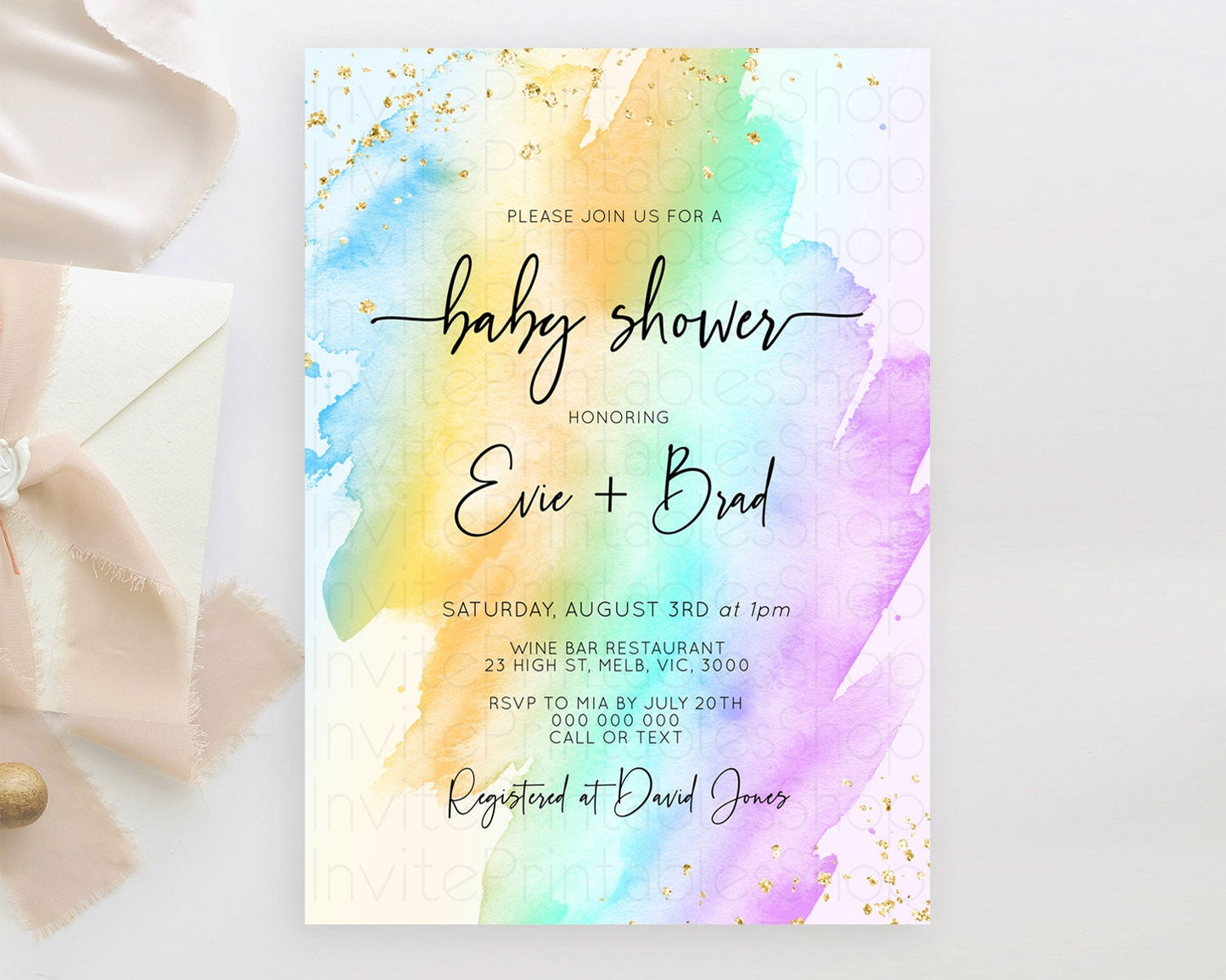 Pastel Baby Shower Invitation Rainbow Baby Shower Invitation Colorful Pastel Watercolor Invitation Gold Glitter Sprinkles Ombre D10425