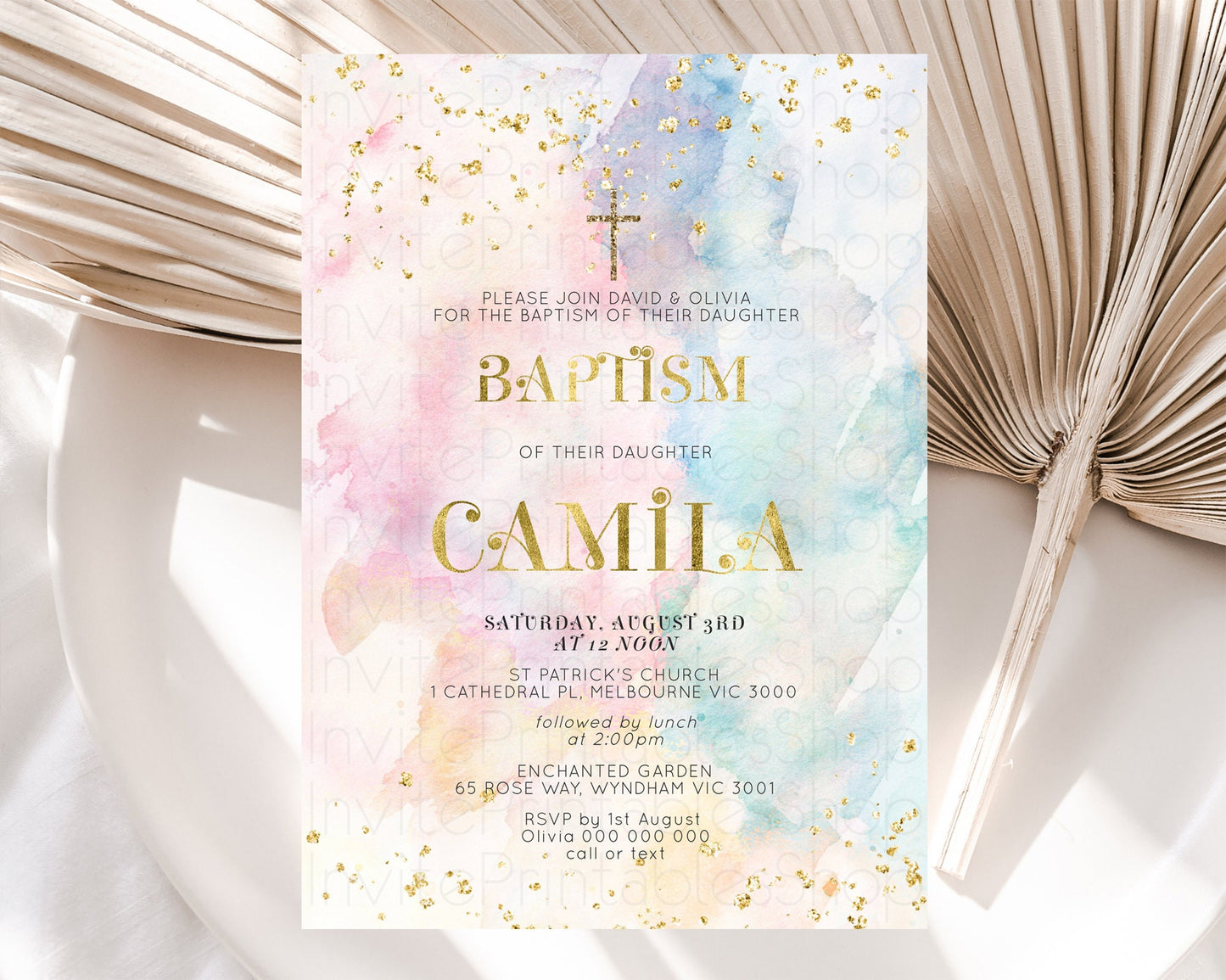 Pastel Baptism Invitation Pastel Colors Watercolor Baptism 1st Birthday Party Gold Ombre Pastel Rainbow Christening Holy Communion D10835