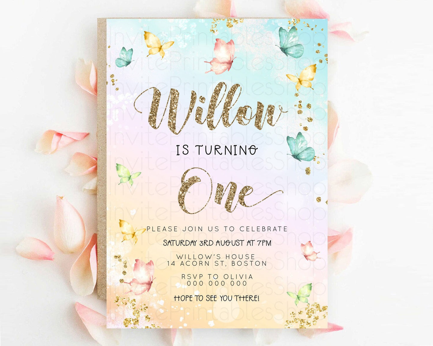 Pastel Butterfly Birthday Invitation Butterfly Birthday Invitation Colorful Splash Glitter Butterfly Garden 1st 2nd Birthday D23080