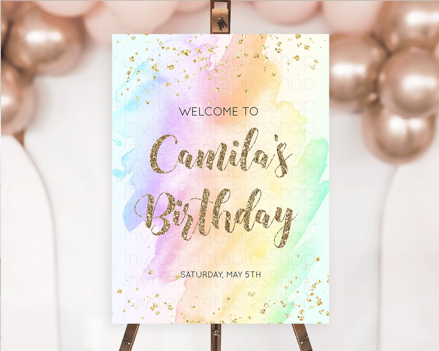 Pastel Welcome Sign Pastel Rainbow Welcome Sign Colorful Rainbow Confetti Watercolor Glitter Pastel First Birthday Welcome Sign D10643