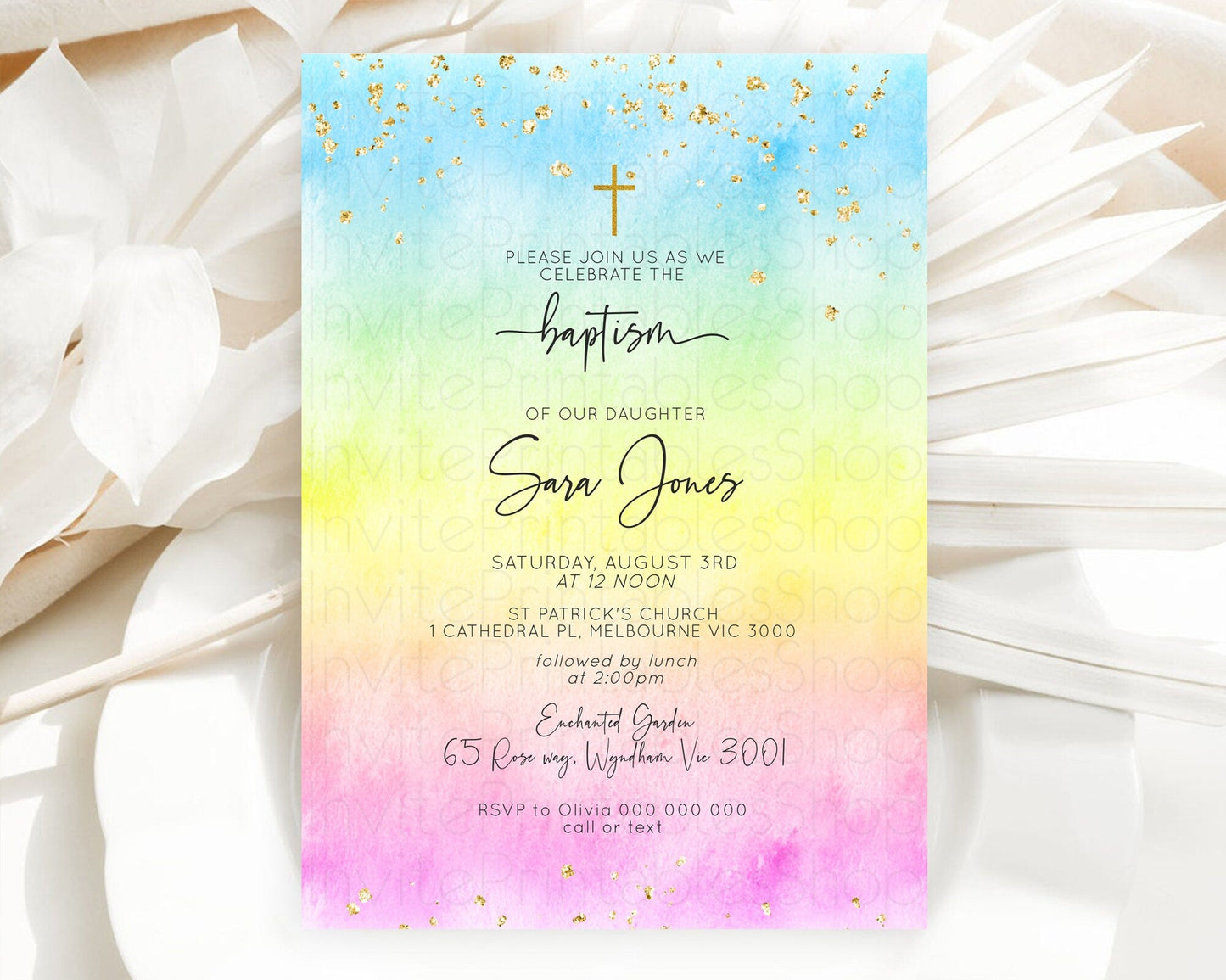 Pastel Baptism Invitation Pastel Colors Watercolor Baptism 1st Birthday Party Gold Ombre Pastel Rainbow Christening Holy Communion D10480