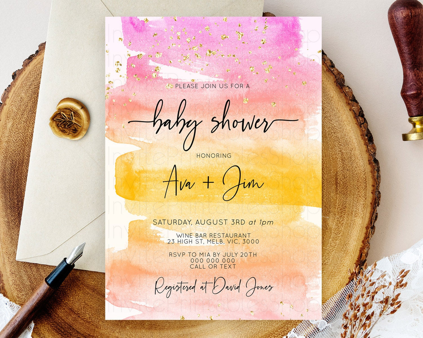 Pastel Baby Shower Invitation Rainbow Baby Shower Invitation Colorful Pastel Watercolor Invitation Gold Glitter Sprinkles Ombre D10520