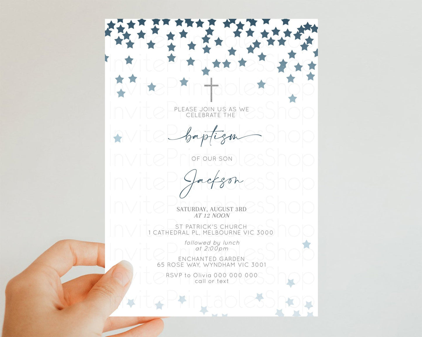 Editable Navy Stars Baptism Invitation Ombre Navy Stars Christening Invitati