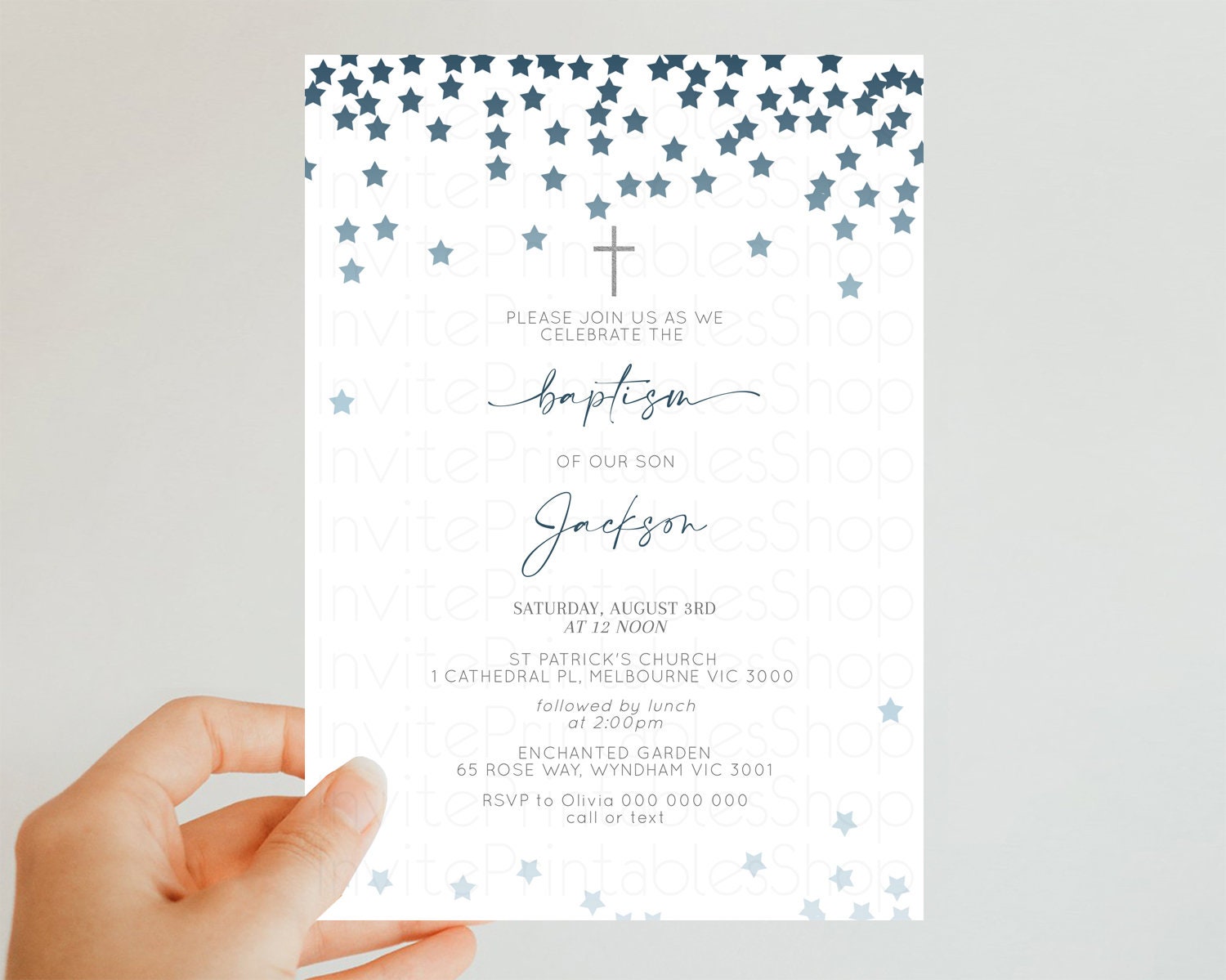 Editable Navy Stars Baptism Invitation Ombre Navy Stars Christening Invitati