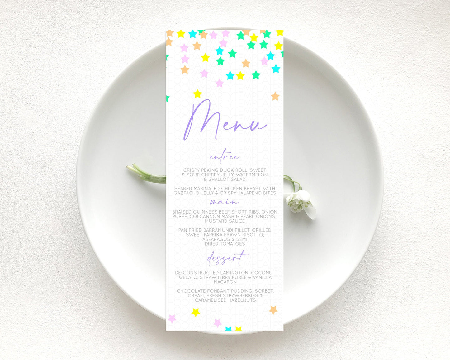 Star Menu Template Pastel Stars Menu Shooting Star Twinkle Little Star Decor Rainbow Colorful Confetti Dinner Dessert Food Menu D10395