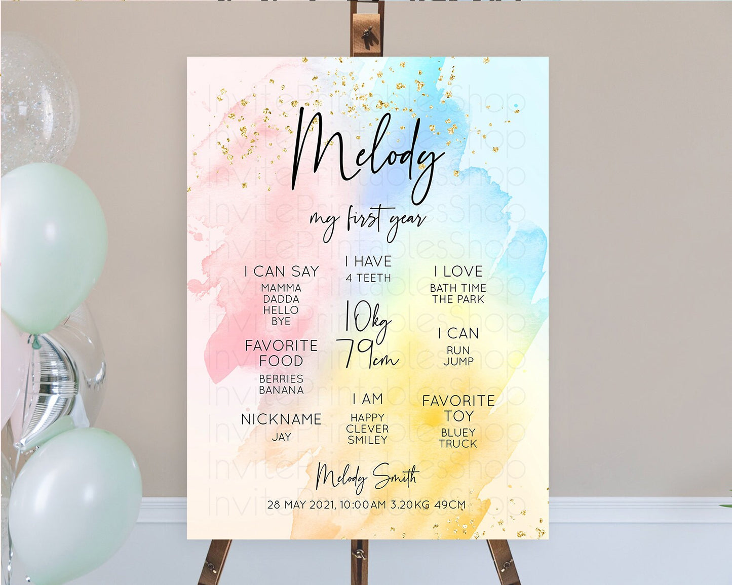 Pastel First Birthday Milestone Board Pastel Rainbow Milestone Poster Colorful Confetti Watercolor Glitter 1st Birthday Welcome Sign D10557