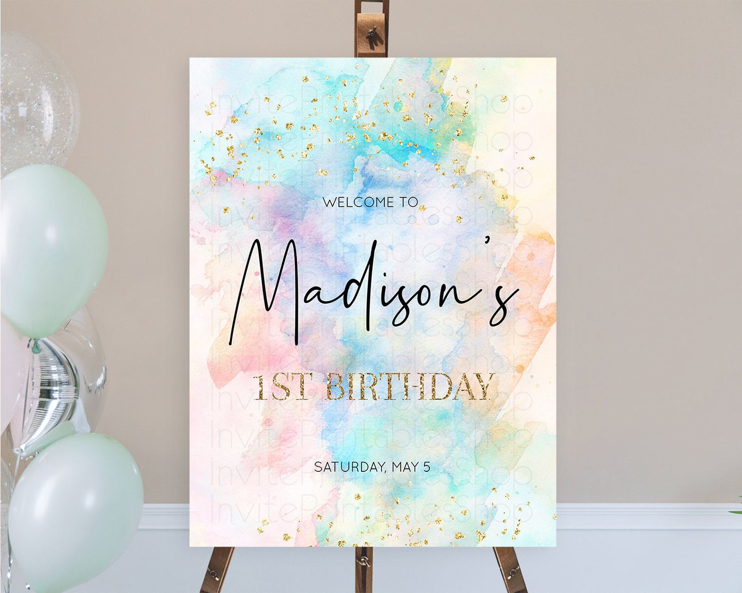 Pastel Welcome Sign Pastel Rainbow Welcome Sign Colorful Rainbow Confetti Watercolor Glitter Pastel First Birthday Welcome Sign D10266