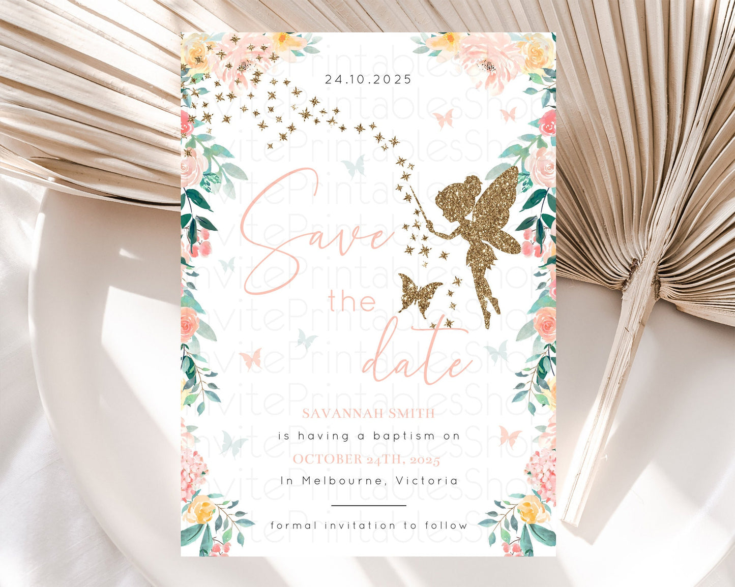 Fairy Save The Date Template Enchanted Garden Pastel Floral Butterfly Party Secret Garden Birthday Baptism Baby Shower Bridal Shower D10789