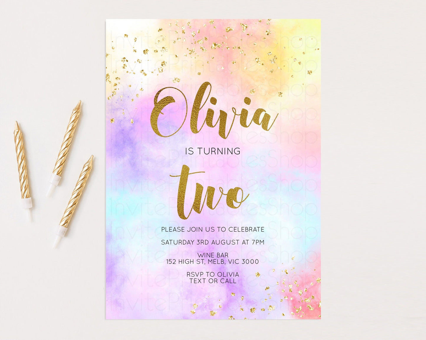 Rainbow Birthday Invitation Ombre Pastel Invitation Colorful Watercolor Splash Invite Gold Glitter Sprinkles Printable Digital Invite 499