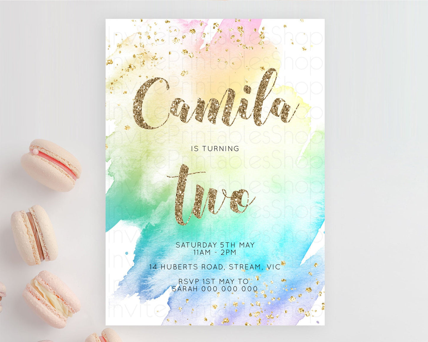 Rainbow Birthday Invitation Colorful Pastel Watercolor Invitation Gold Glitter Sprinkles Ombre Pastel 1st 2nd 3rd Birthday D10259