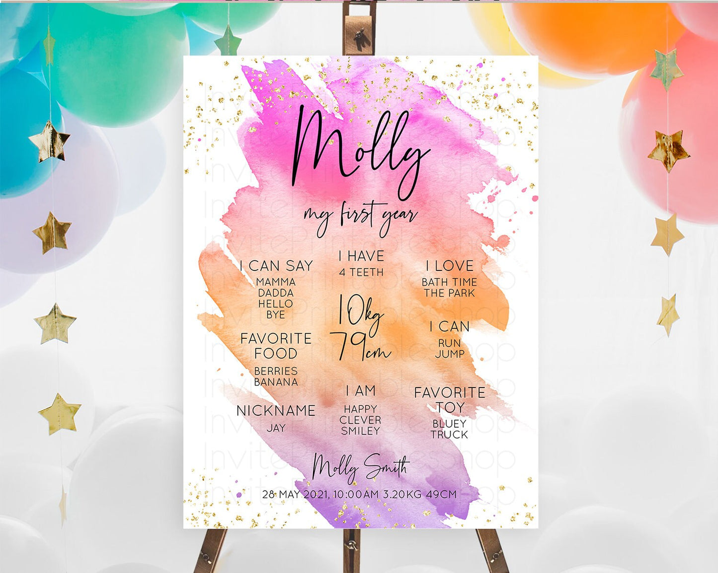 Pastel First Birthday Milestone Board Pastel Rainbow Milestone Poster Colorful Confetti Watercolor Glitter 1st Birthday Welcome Sign D10488