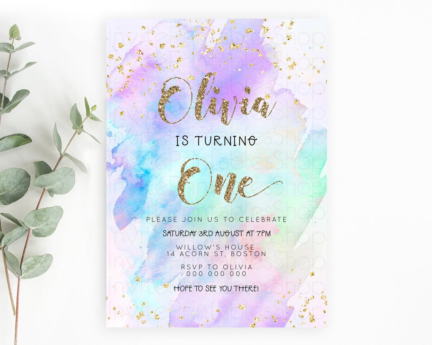 Rainbow Birthday Invitation Colorful Pastel Watercolor Invitation Gold Glitter Sprinkles Ombre Pastel 1st 2nd 3rd Birthday D23291