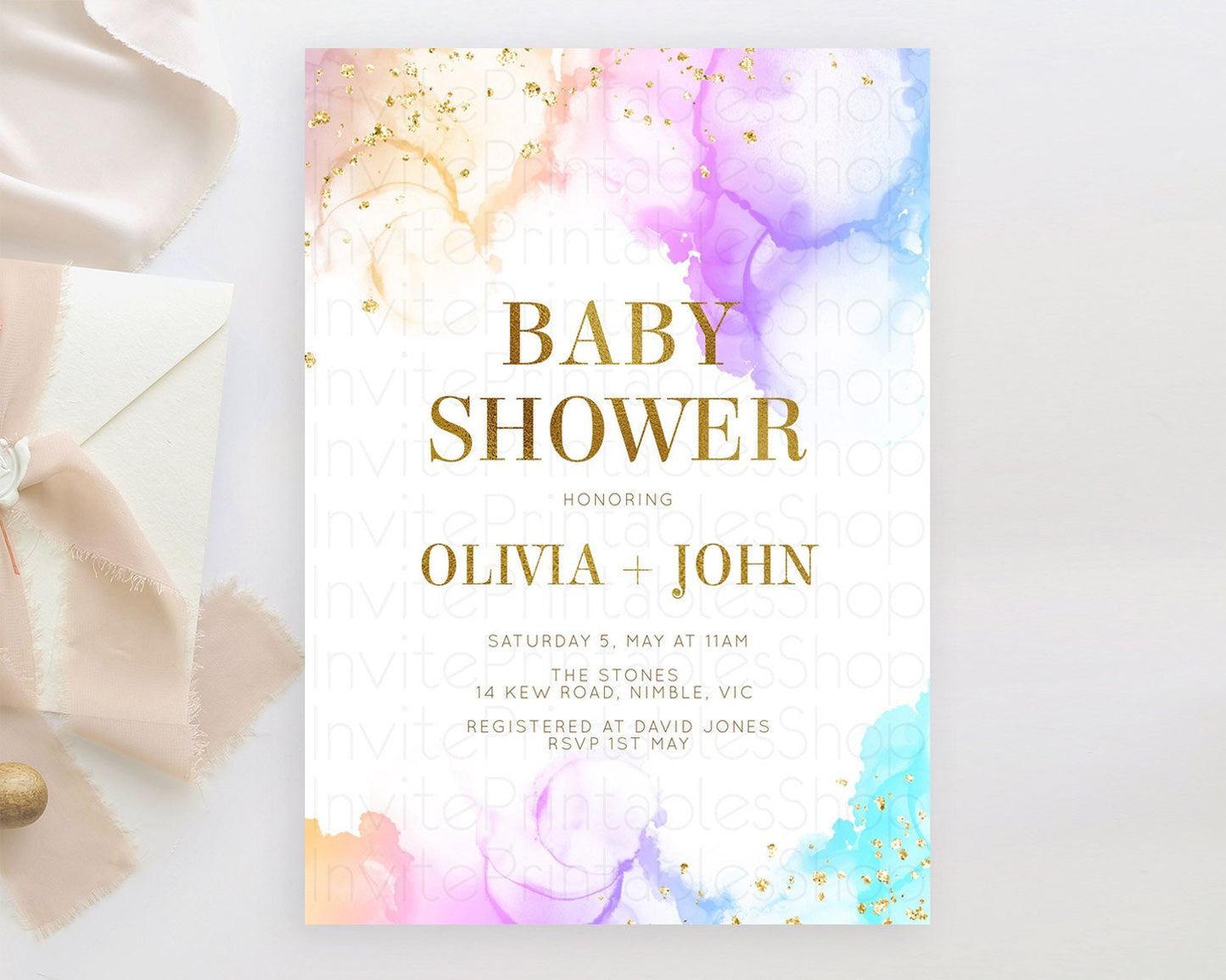 Pastel Baby Shower Invitation Rainbow Baby Shower Invitation Colorful Pastel Watercolor Invitation Gold Glitter Sprinkles Ombre D10180