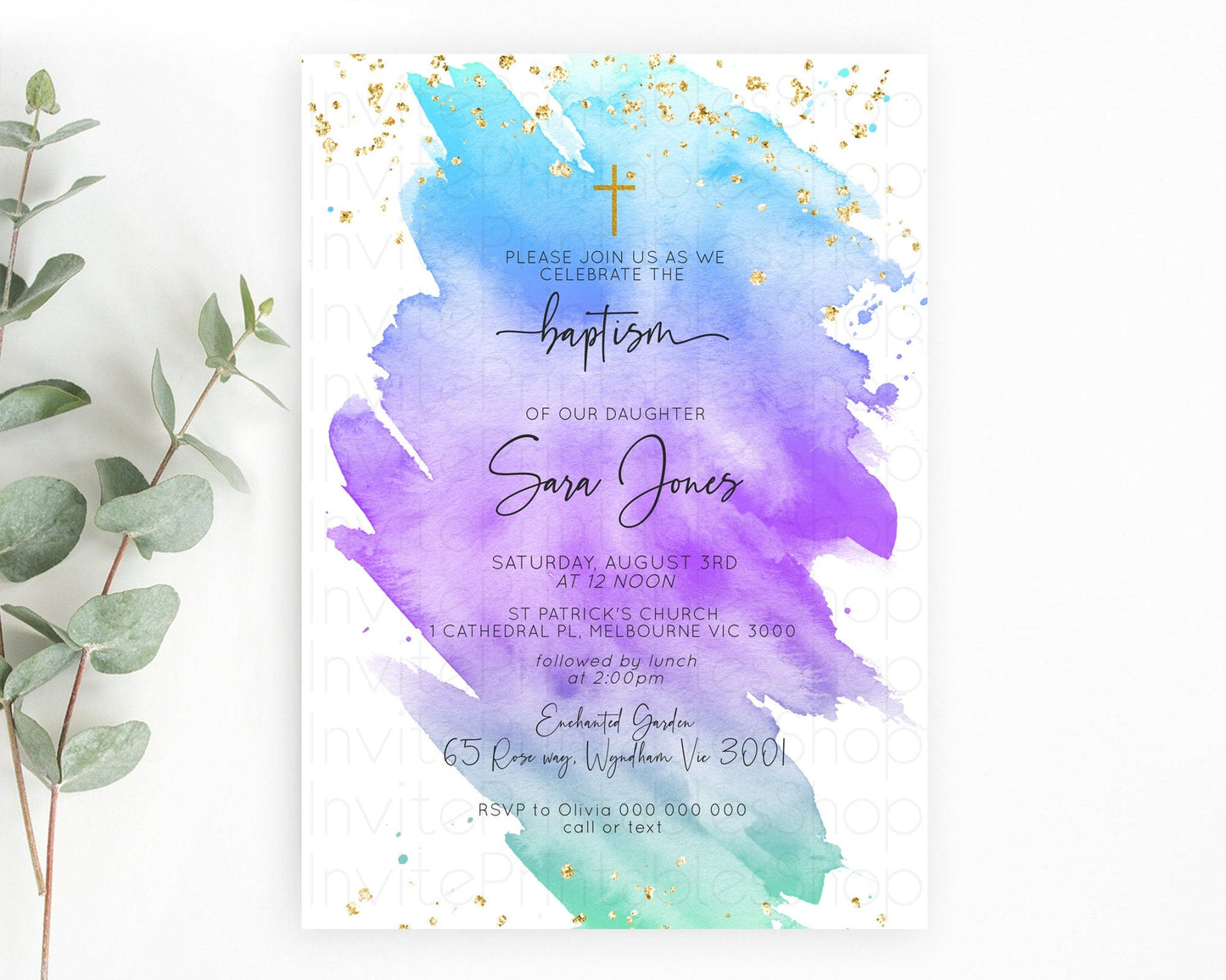 Pastel Baptism Invitation Pastel Colors Watercolor Baptism 1st Birthday Party Gold Ombre Pastel Rainbow Christening Holy Communion D10491