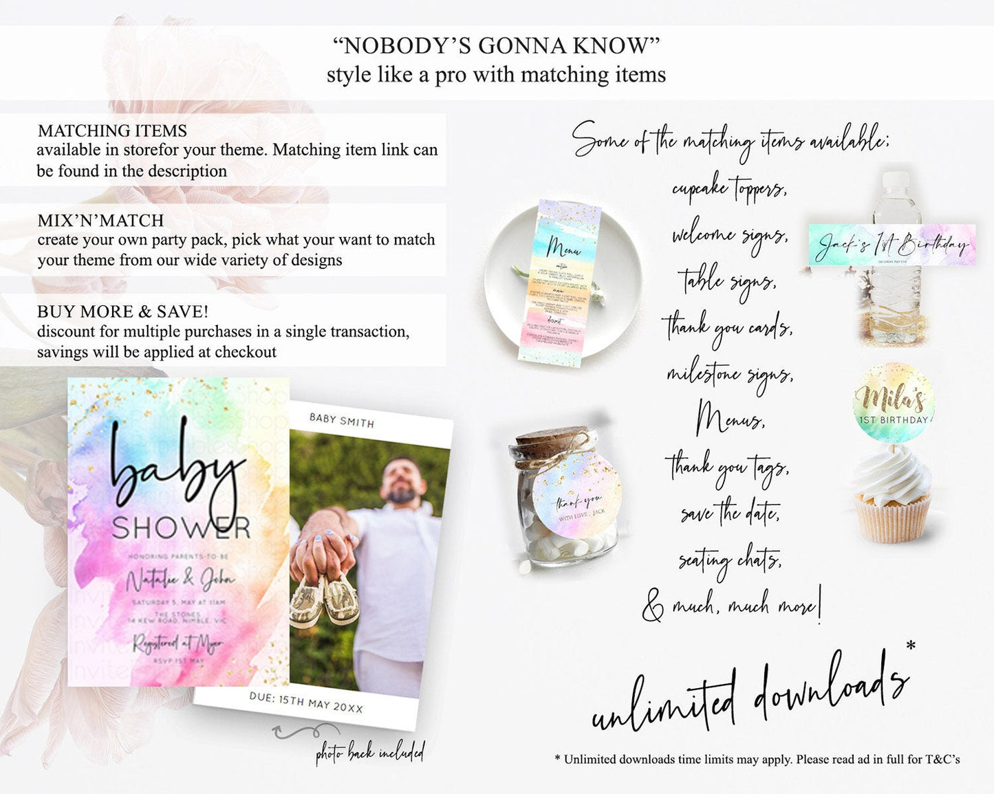 Pastel Rainbow Baby Shower Invitation, Watercolor Splash, Gold Confetti Sprinkles, Colorful Ombre Pink, Yellow, Green, Orange D10449