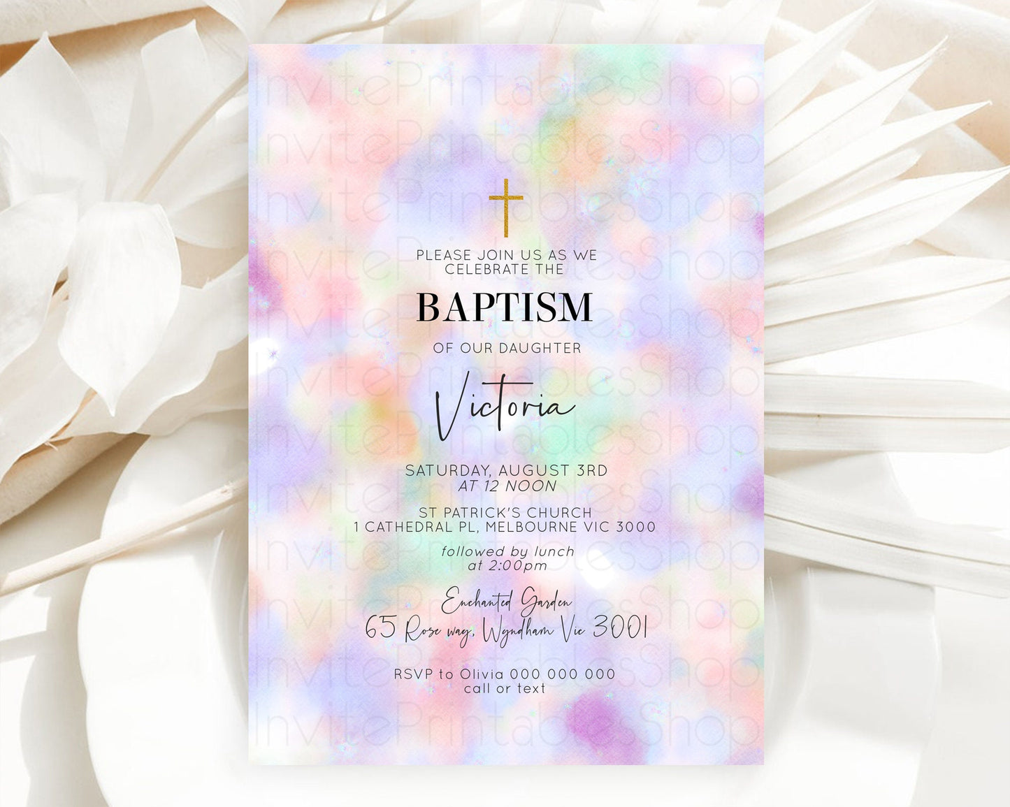 Pastel Baptism Invitation Pastel Colors Watercolor Baptism 1st Birthday Party Gold Ombre Pastel Rainbow Christening Holy Communion D10697