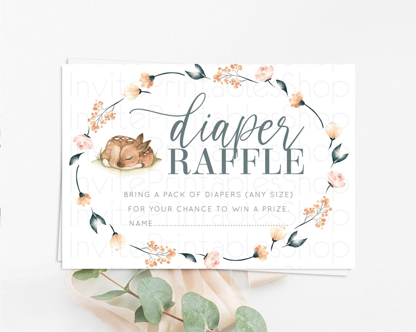 Fawn Diaper Raffle Card Deer Diaper Insert Floral Deer Diaper Ticket Enchanted Forest Butterfly Pastel Baby Shower Raffle Game D10790