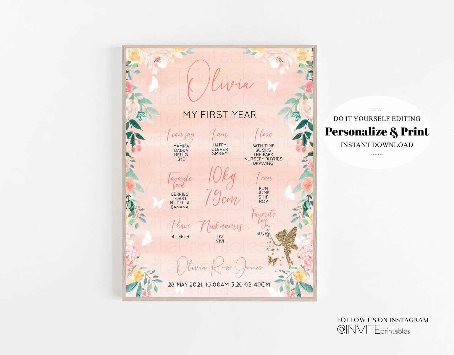 Fairy Baby Milestone Board Watercolor Floral Garden Magic First Birthday Poster Welcome Board 1st Birthday Baby Keepsake Milestone Sign