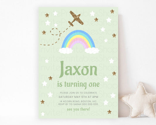 Plane Birthday Invitation Plane Invite Pastel Rainbow Clouds Stars Party Adventure Awaits Up Up Away Glitter 2nd 1st First Birthday D10293