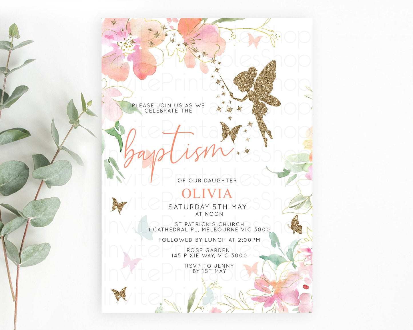 Fairy Baptism Invitation Fairy Baptism 1st Birthday Invitation Enchanted Secret Garden Christening Invite Pastel Floral Butterfly D10934