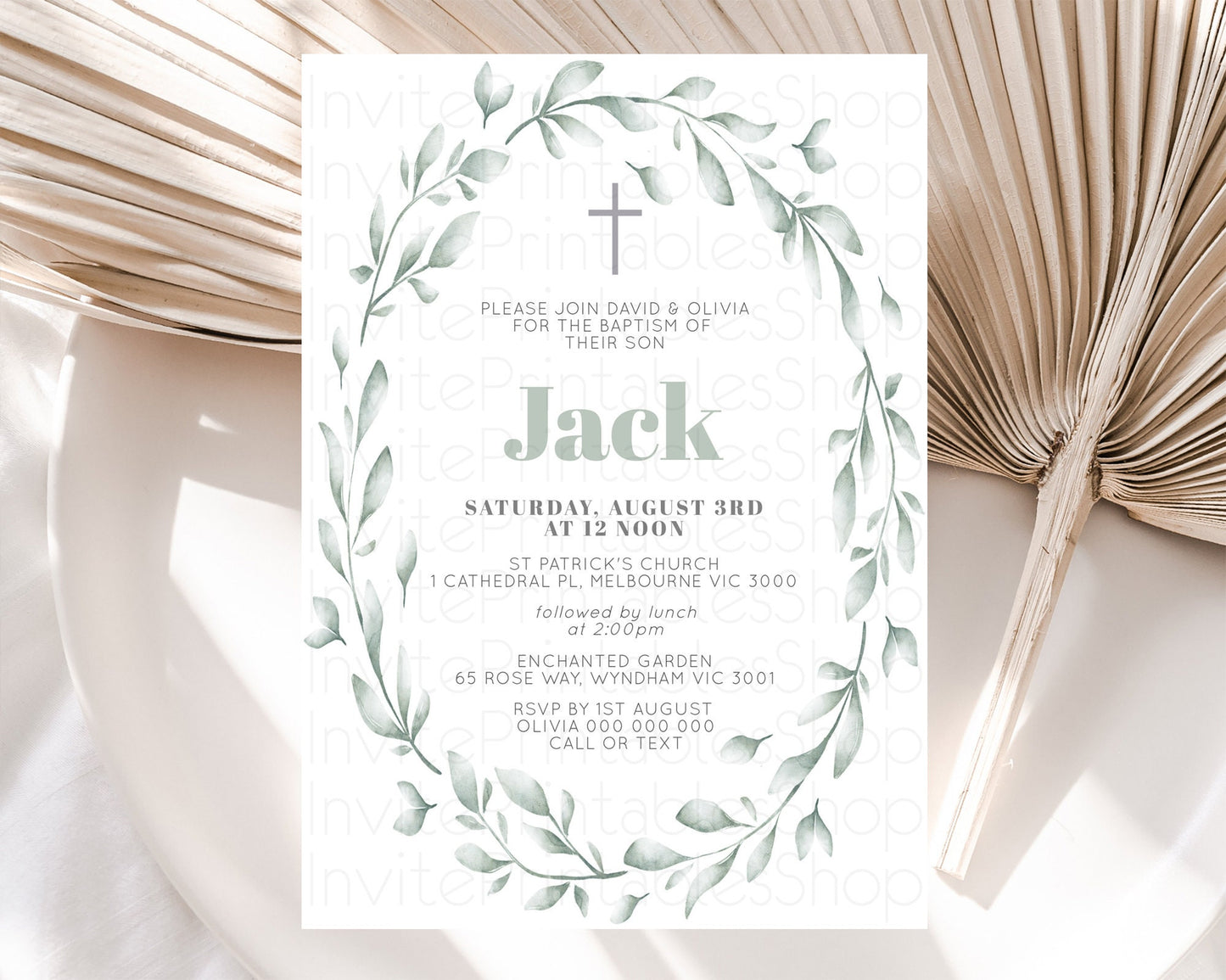 Leafy Baptism Invitation Leafy Simple Greenery Baptism 1st Birthday Invitation Eucalyptus Fern Spray Leaves Green Leaf Watercolour D11009