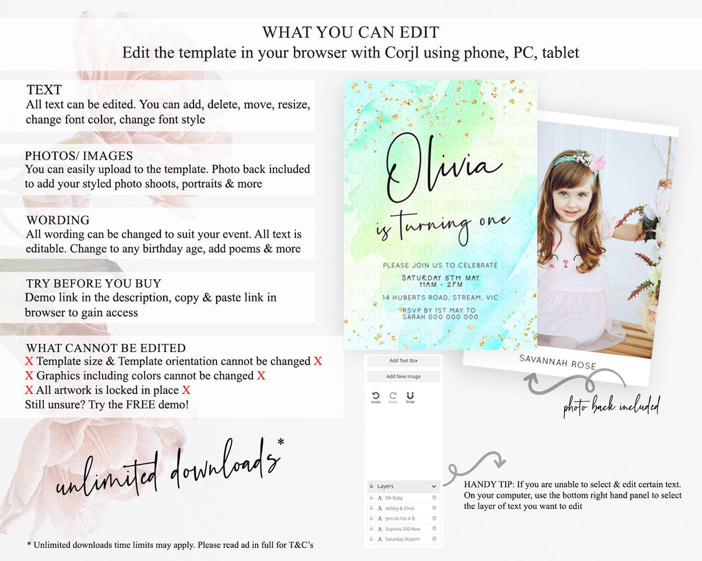Green Birthday Invitation green Watercolor Invitation Pastel green Watercolor Invitation green Splash Gold Invitation First Birthday D23056