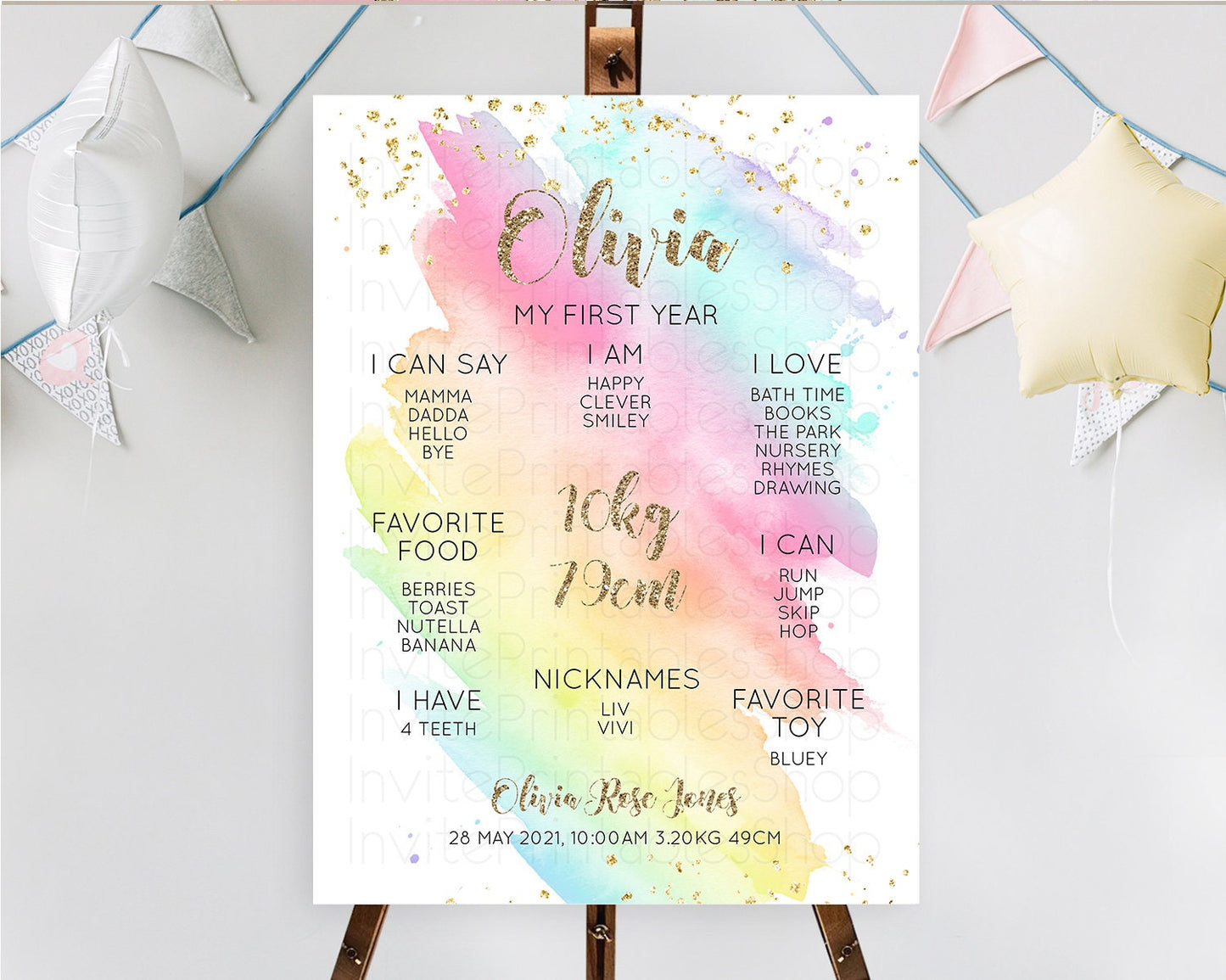 Pastel First Birthday Milestone Board Pastel Rainbow Milestone Poster Colorful Confetti Watercolor Glitter 1st Birthday Welcome Sign D10495