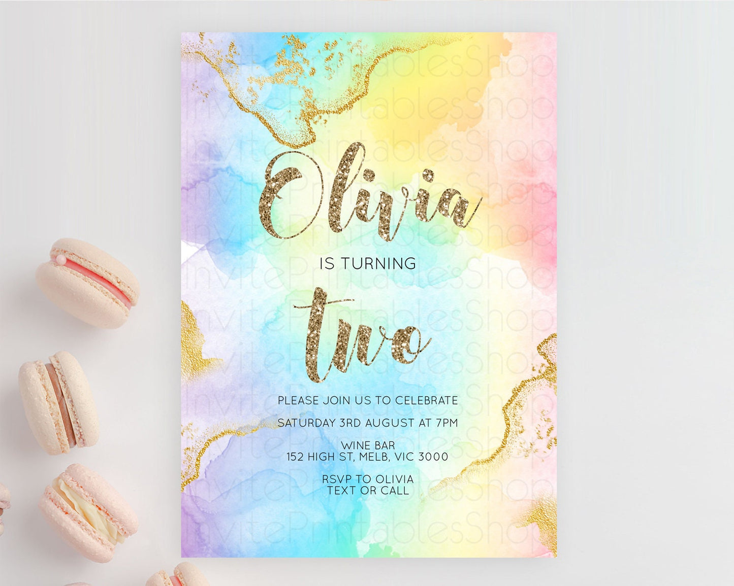 Rainbow Birthday Invitation Colorful Pastel Watercolor Invitation Gold Glitter Sprinkles Ombre Pastel 1st 2nd 3rd Birthday D10589