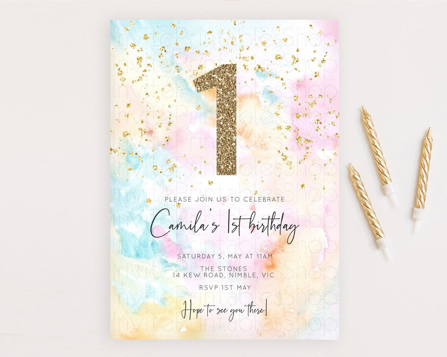 Rainbow Birthday Invitation Colorful Pastel Watercolor Invitation Gold Glitter Sprinkles Ombre Pastel 1st 2nd 3rd Birthday D10548