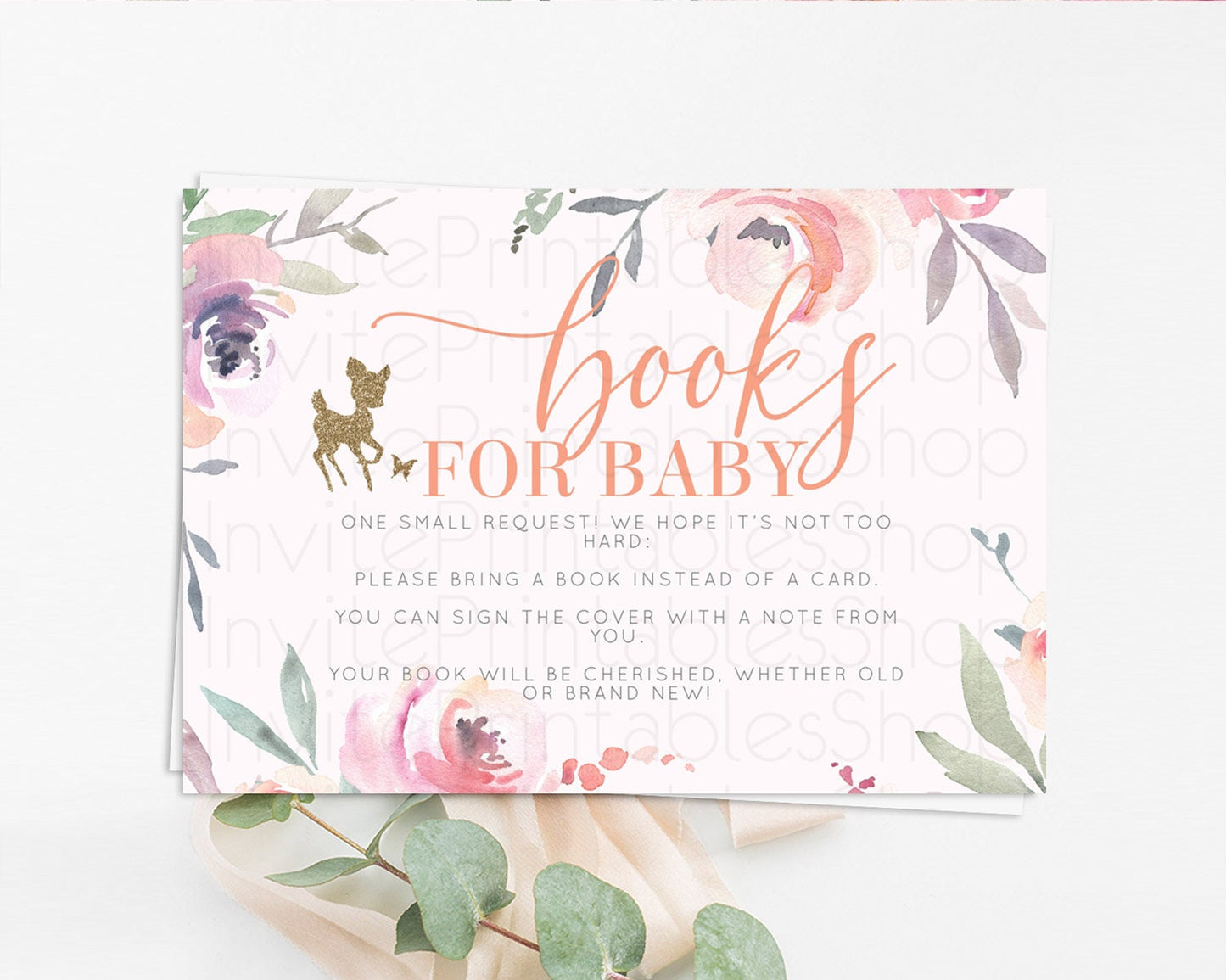 Fawn Books For Baby Card Deer Book Insert Floral Deer Book Card Enchanted Forest Butterfly Pastel Baby Shower Book Poem Request D10196