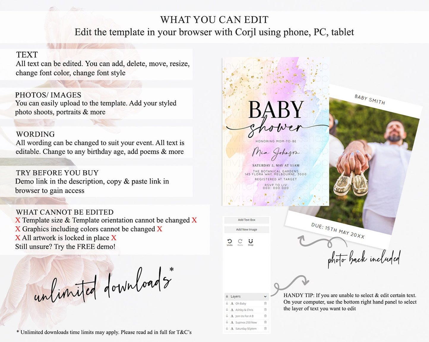 Pastel Baby Shower Invitation Rainbow Baby Shower Invitation Colorful Pastel Watercolor Invitation Gold Glitter Sprinkles Ombre D10175