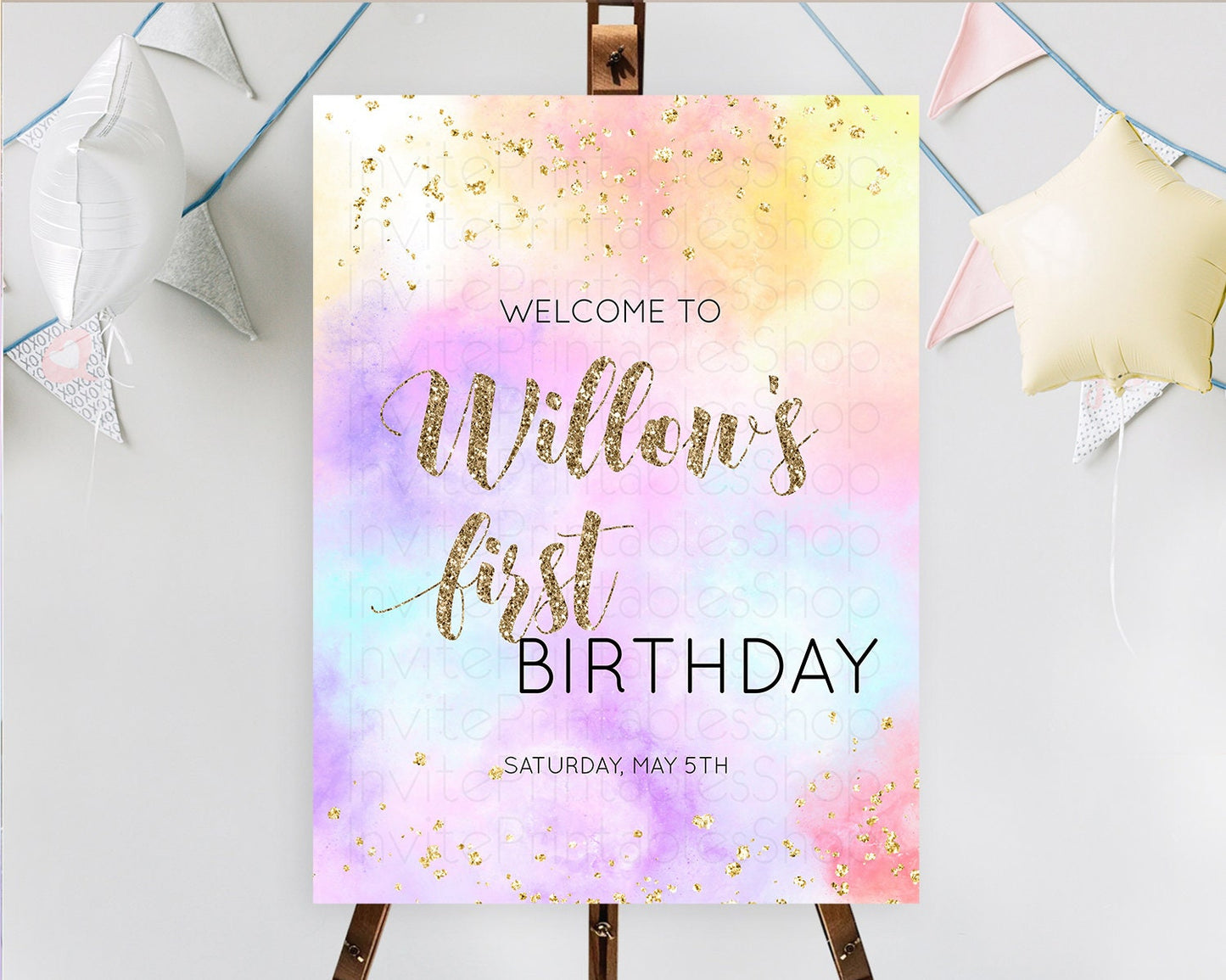 Pastel Welcome Sign Pastel Rainbow Welcome Sign Colorful Rainbow Confetti Watercolor Glitter Pastel First Birthday Welcome Sign D10435