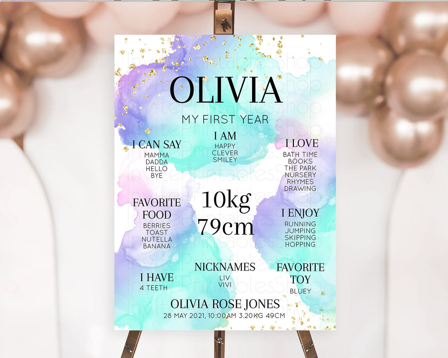 Pastel First Birthday Milestone Board Pastel Rainbow Milestone Poster Colorful Confetti Watercolor Glitter 1st Birthday Welcome Sign D10212