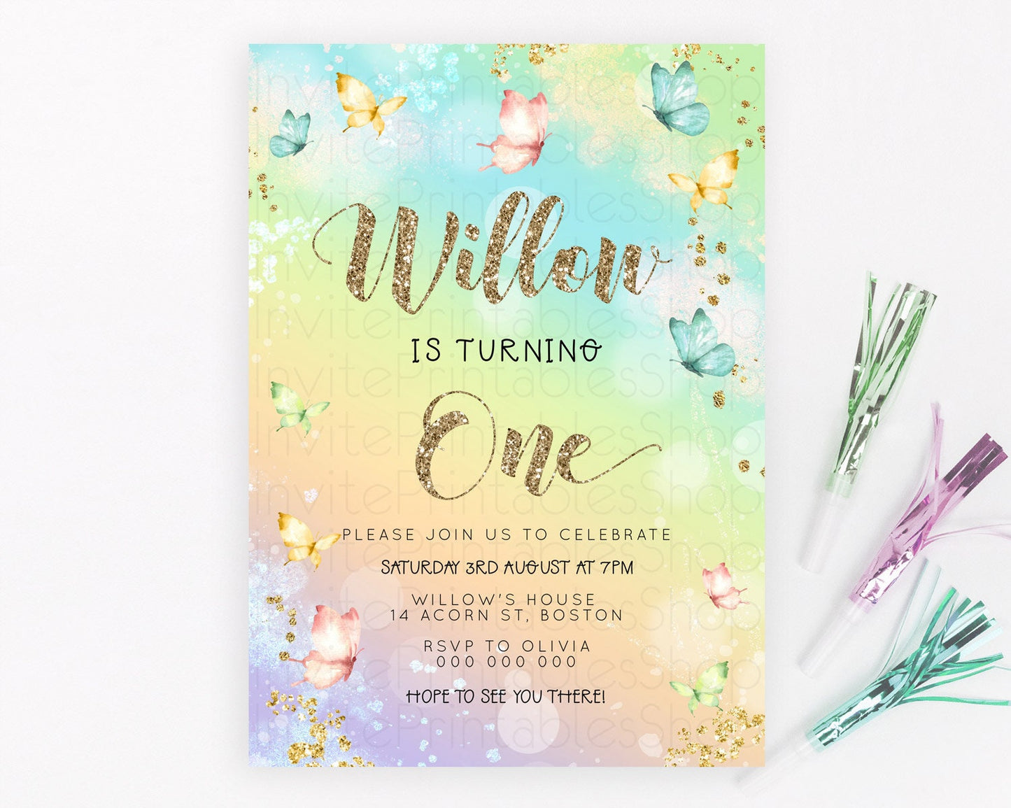 Pastel Butterfly Birthday Invitation Butterfly Birthday Invitation Colorful Splash Glitter Butterfly Garden 1st 2nd Birthday D23083