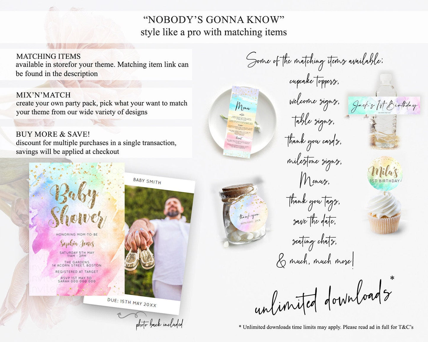 Pastel Rainbow Baby Shower Invitation, Colorful Watercolor Splash, Gold Glitter Confetti Sprinkles, Ombre Pink, Yellow, Green, Orange D10450
