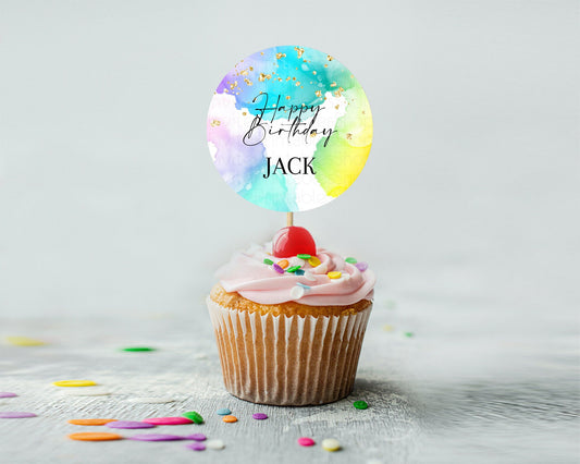 Editable Rainbow Cupcake Toppers Pastel Cupcake Toppers Colorful Pastel Wate